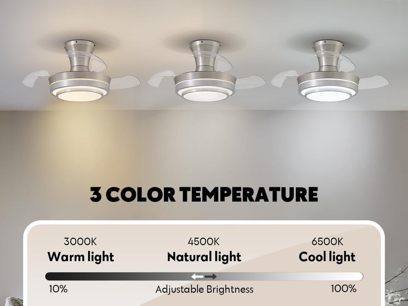 APBEAMLighting Retractable Small Led Ceiling Fan with Light and Remote 28 Inch Low Profile Brushed Nickle Modern Fandelier for Bedroom Living Room Dimmable 6 Speed Reversible Smart Ceiling Fan - Image 2